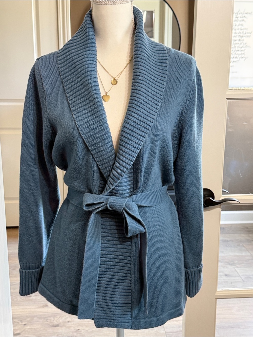 FIRST ISSUE Blue Shawl Collar Belted 100% Cotton Cardigan Sweater L Cottagecore